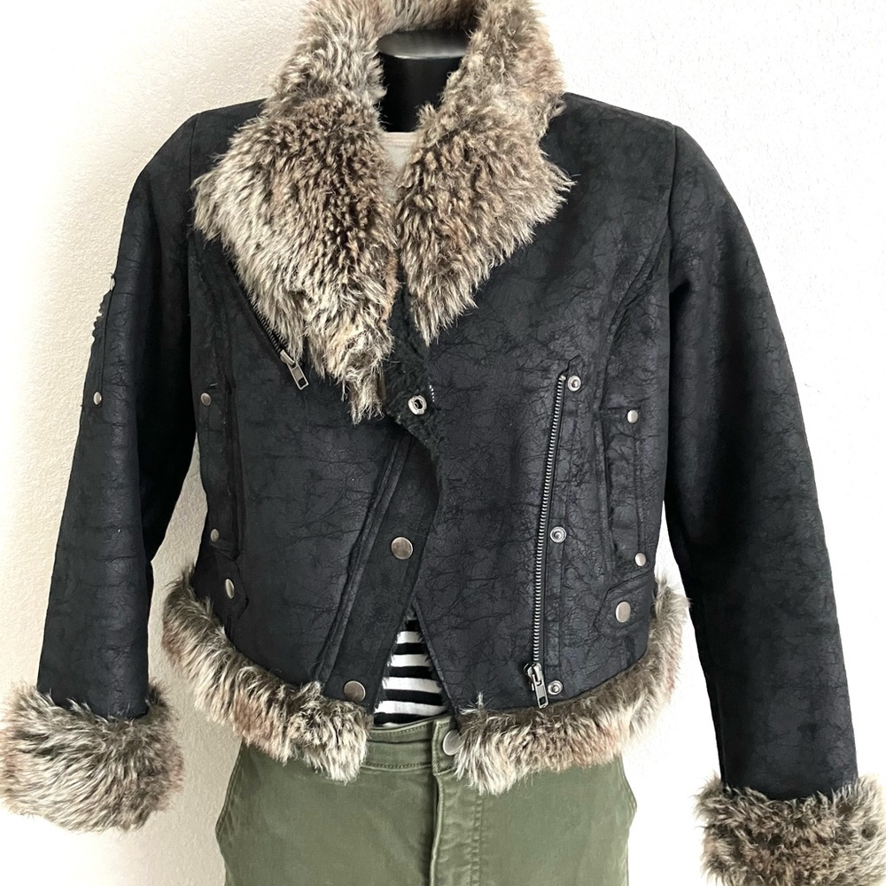 TRENDING By DEEP Los Angeles VEGAN leather & faux FUR Moto biker COAT SMALL EUC!